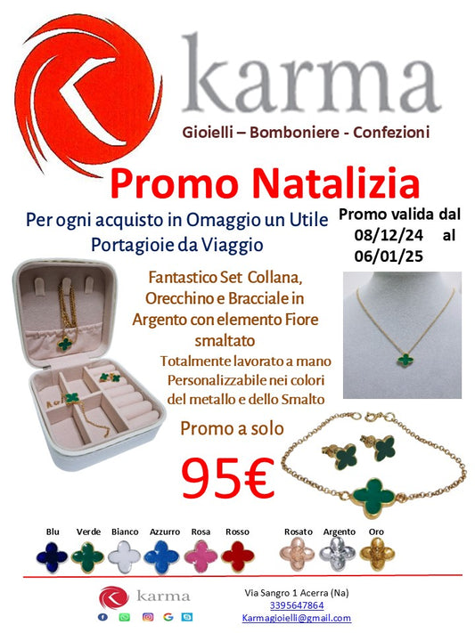 Set Collana, Bracciale e Orecchino in Argento ti.925/000 con elemento Fiore smaltato e omaggio Portagioie da Viaggio
